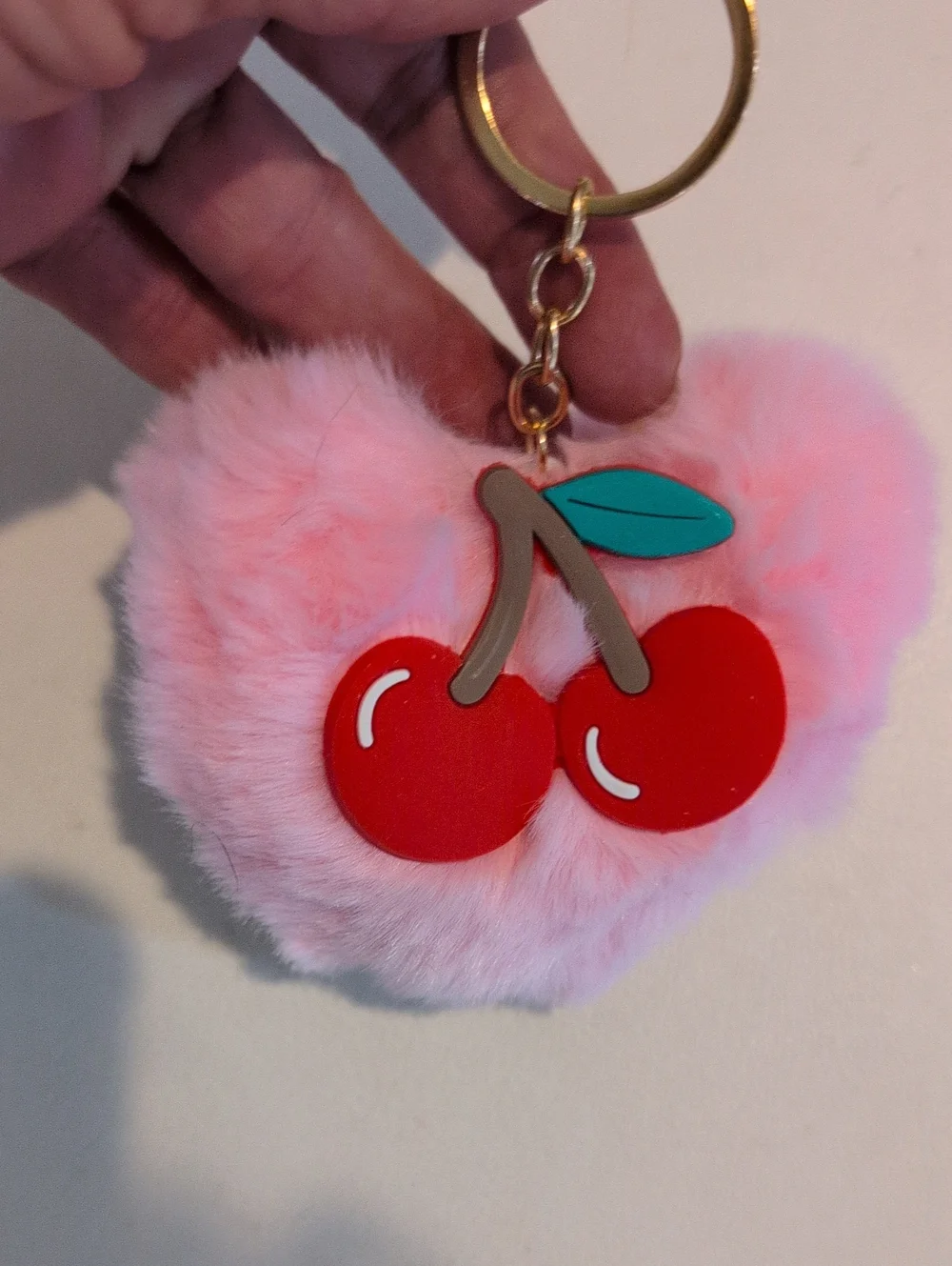 Pink Heart Pom Keychain with Red Cherry Charm